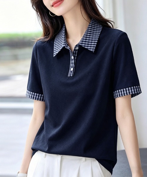 ONEP STAR（ワンピスター）の「チェック襟半袖ブラウス（シャツ/ブラウス・レディース・ネイビー・MEDIUM/LARGE/X-LARGE）」の7枚目の写真