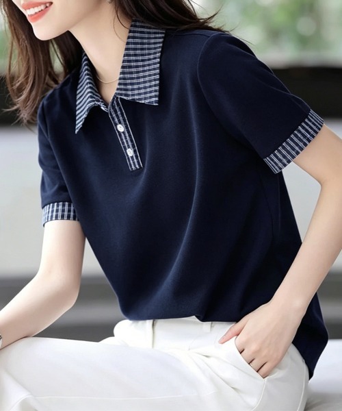 ONEP STAR（ワンピスター）の「チェック襟半袖ブラウス（シャツ/ブラウス・レディース・ネイビー・MEDIUM/LARGE/X-LARGE）」の8枚目の写真