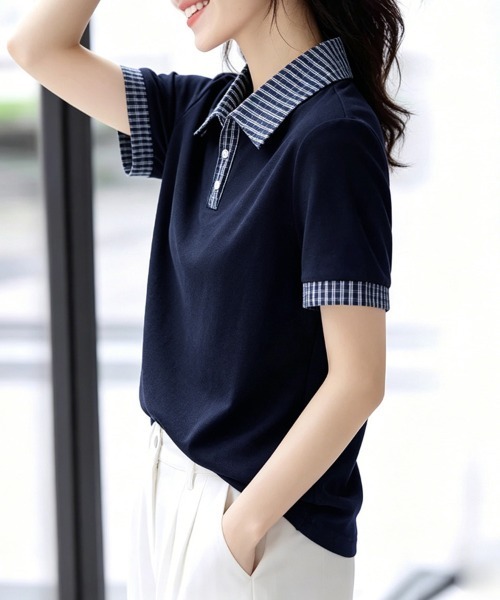 ONEP STAR（ワンピスター）の「チェック襟半袖ブラウス（シャツ/ブラウス・レディース・ネイビー・MEDIUM/LARGE/X-LARGE）」の9枚目の写真