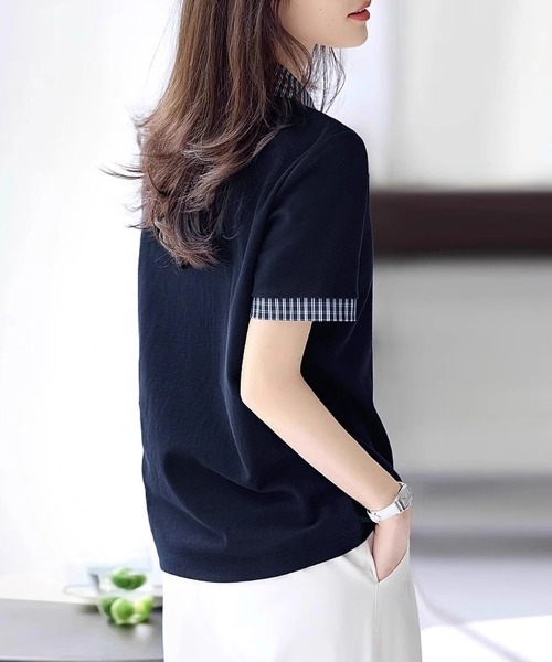 ONEP STAR（ワンピスター）の「チェック襟半袖ブラウス（シャツ/ブラウス・レディース・ネイビー・MEDIUM/LARGE/X-LARGE）」の10枚目の写真