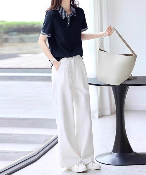 ONEP STAR（ワンピスター）の「チェック襟半袖ブラウス（シャツ/ブラウス・レディース・ネイビー・MEDIUM/LARGE/X-LARGE）」の11枚目の写真