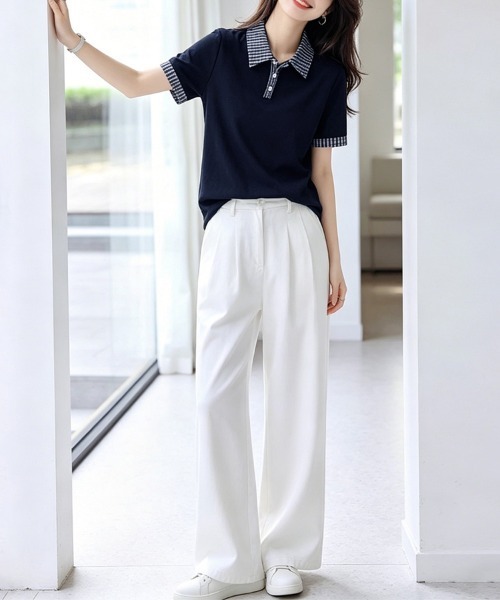 ONEP STAR（ワンピスター）の「チェック襟半袖ブラウス（シャツ/ブラウス・レディース・ネイビー・MEDIUM/LARGE/X-LARGE）」の12枚目の写真