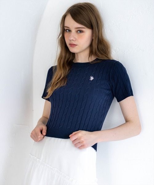 U.S. POLO ASSN.(ユーエスポロアッスン)の「【U.S. POLO ASSN.】clear 別注 クルーネックケーブル半袖ニットトップス(ニット/セーター・レディース・イエロー系その他/アイボリー/ネイビー/ブルーグレー/ブラウン・F)」の5枚目の写真