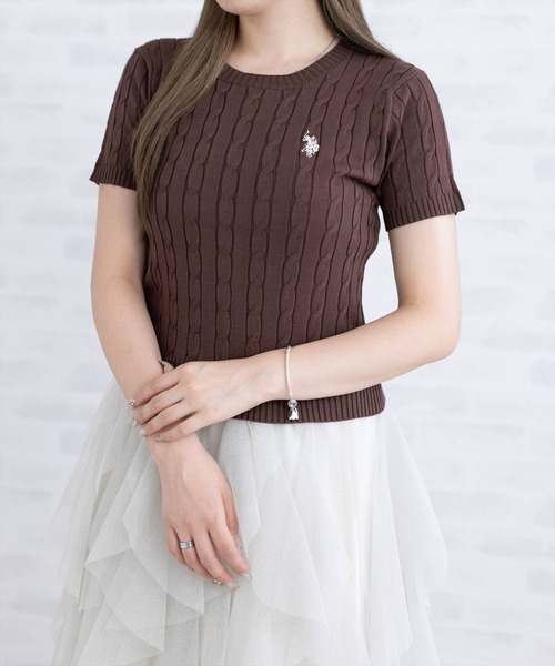U.S. POLO ASSN.(ユーエスポロアッスン)の「【U.S. POLO ASSN.】clear 別注 クルーネックケーブル半袖ニットトップス(ニット/セーター・レディース・イエロー系その他/アイボリー/ネイビー/ブルーグレー/ブラウン・F)」の4枚目の写真