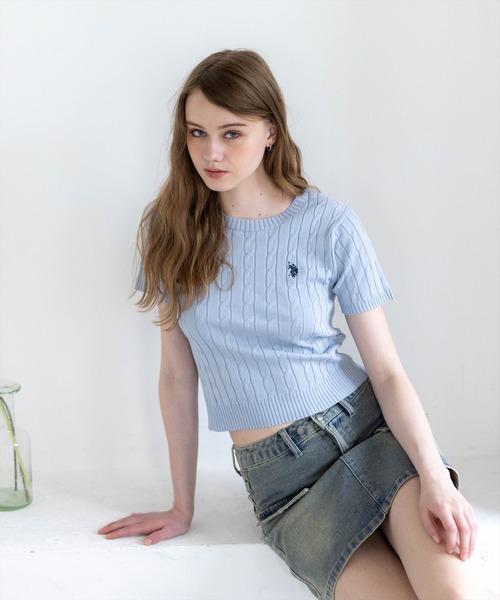 U.S. POLO ASSN.(ユーエスポロアッスン)の「【U.S. POLO ASSN.】clear 別注 クルーネックケーブル半袖ニットトップス(ニット/セーター・レディース・イエロー系その他/アイボリー/ネイビー/ブルーグレー/ブラウン・F)」の6枚目の写真