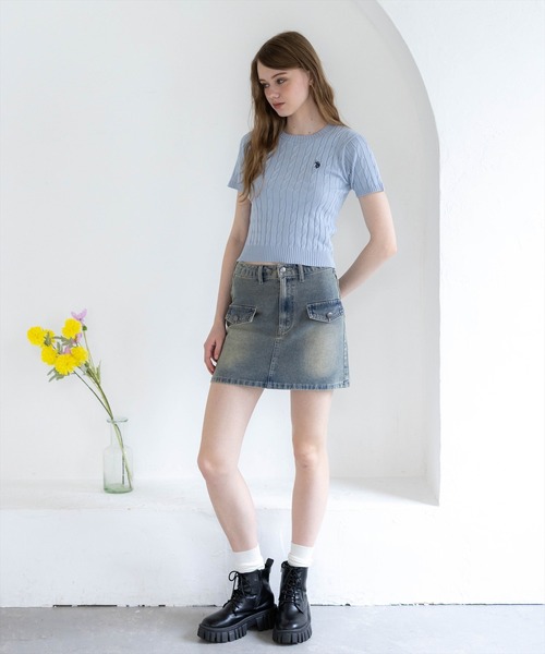 U.S. POLO ASSN.(ユーエスポロアッスン)の「【U.S. POLO ASSN.】clear 別注 クルーネックケーブル半袖ニットトップス(ニット/セーター・レディース・イエロー系その他/アイボリー/ネイビー/ブルーグレー/ブラウン・F)」の7枚目の写真