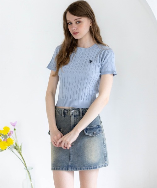 U.S. POLO ASSN.(ユーエスポロアッスン)の「【U.S. POLO ASSN.】clear 別注 クルーネックケーブル半袖ニットトップス(ニット/セーター・レディース・イエロー系その他/アイボリー/ネイビー/ブルーグレー/ブラウン・F)」の9枚目の写真