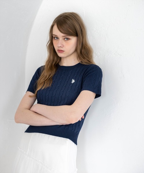 U.S. POLO ASSN.(ユーエスポロアッスン)の「【U.S. POLO ASSN.】clear 別注 クルーネックケーブル半袖ニットトップス(ニット/セーター・レディース・イエロー系その他/アイボリー/ネイビー/ブルーグレー/ブラウン・F)」の13枚目の写真