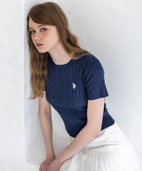 U.S. POLO ASSN.(ユーエスポロアッスン)の「【U.S. POLO ASSN.】clear 別注 クルーネックケーブル半袖ニットトップス(ニット/セーター・レディース・イエロー系その他/アイボリー/ネイビー/ブルーグレー/ブラウン・F)」の14枚目の写真