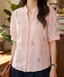 小花柄ブラウス 半袖 パフスリーブ 総柄 フラワー プルオーバー Vネックフェミニン 大人可愛い クラシカル トップス 夏