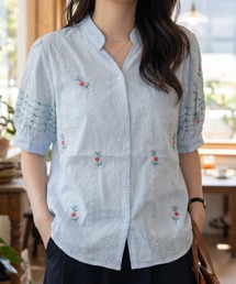 小花柄ブラウス 半袖 パフスリーブ 総柄 フラワー プルオーバー Vネックフェミニン 大人可愛い クラシカル トップス 夏