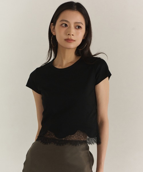 シルクタッチコットンレーストリムコンパクトTシャツ（Tシャツ