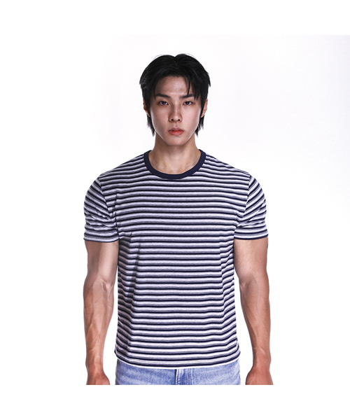 RVD(アールブイディー)の「クロップストライプモーダルマッスルフィットリンガーティー(ネイビー)(Tシャツ/カットソー・メンズ・その他・LARGE/X-LARGE/2XL)」の1枚目の写真