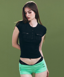Pansy Pocket Button Short Sleeve Top (Black)