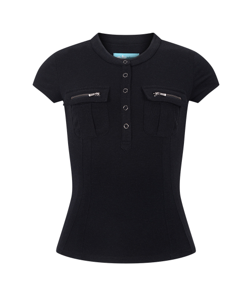 PLEASENOFOLLOW（プリーズノーフォロー）の「Pansy Pocket Button Short Sleeve Top (Black)（Tシャツ/カットソー・レディース・その他・FREE）」の2枚目の写真