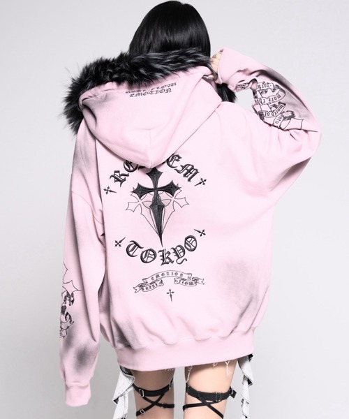 REFLEM/レフレム』ファー付きクロス刺繍ZIPフーディー/ジップパーカー REFLEM/レフレム』ファー付きクロス刺繍ZIPフーディー/ジップパーカー