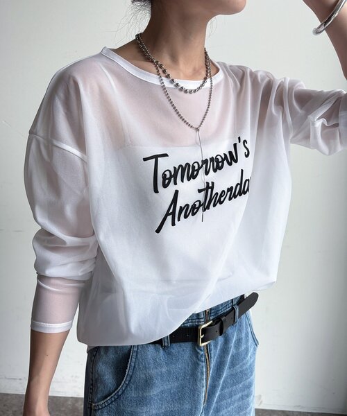 DouDou(ドゥドゥ)の「【WEB限定】シアーロゴTEE(Tシャツ/カットソー・レディース・グレイッシュベージュ/オフホワイト・FREE)」の2枚目の写真