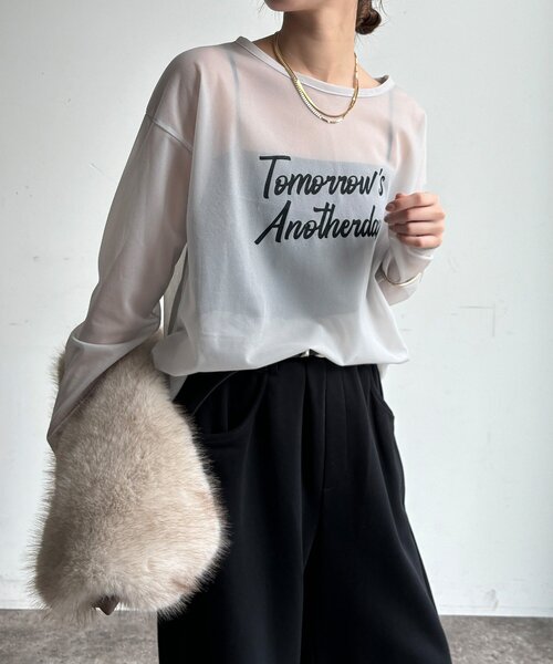 DouDou(ドゥドゥ)の「【WEB限定】シアーロゴTEE(Tシャツ/カットソー・レディース・グレイッシュベージュ/オフホワイト・FREE)」の5枚目の写真