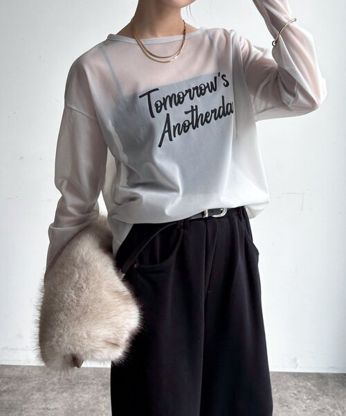 DouDou(ドゥドゥ)の「【WEB限定】シアーロゴTEE(Tシャツ/カットソー・レディース・グレイッシュベージュ/オフホワイト・FREE)」の6枚目の写真
