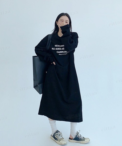 Dalfwin(ダールフィン)の「OISISバックプリントアウトステッチロング丈スウェットワンピース(ワンピース・レディース・ブラック/グレー・FREE)」の6枚目の写真