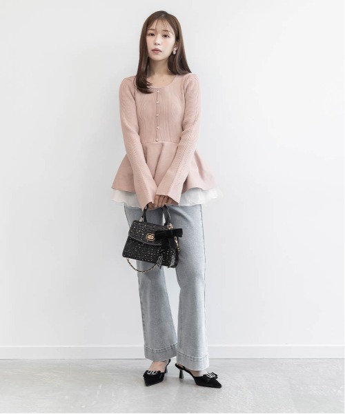 RANDA（ランダ）の「【SUSTAINABLE】シアーチュールドッキングペプラムニット（ニット/セーター・レディース・ピンク/グレー/アイボリー/ライトグレー・FREE）」の5枚目の写真