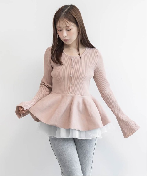 RANDA（ランダ）の「【SUSTAINABLE】シアーチュールドッキングペプラムニット（ニット/セーター・レディース・ピンク/グレー/アイボリー/ライトグレー・FREE）」の6枚目の写真