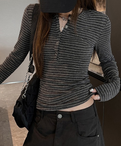 LEMOA(レモア)の「ボーダー柄ヘンリーネックリブカットソー(Tシャツ/カットソー・レディース・ライトグレー/ブラウン/ダークグレー・X-LARGE/LARGE/MEDIUM)」の14枚目の写真