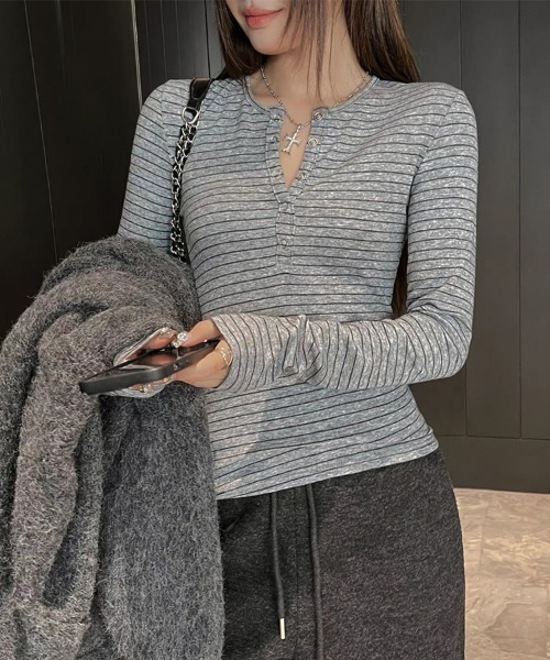 LEMOA(レモア)の「ボーダー柄ヘンリーネックリブカットソー(Tシャツ/カットソー・レディース・ライトグレー/ブラウン/ダークグレー・X-LARGE/LARGE/MEDIUM)」の19枚目の写真