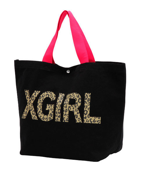 X-girl（エックスガール）の「LEOPARD LOGO BIG ECO BAG（トートバッグ・レディース・ブラック/ピンク/グリーン/ネイビー・ONE SIZE）」の2枚目の写真