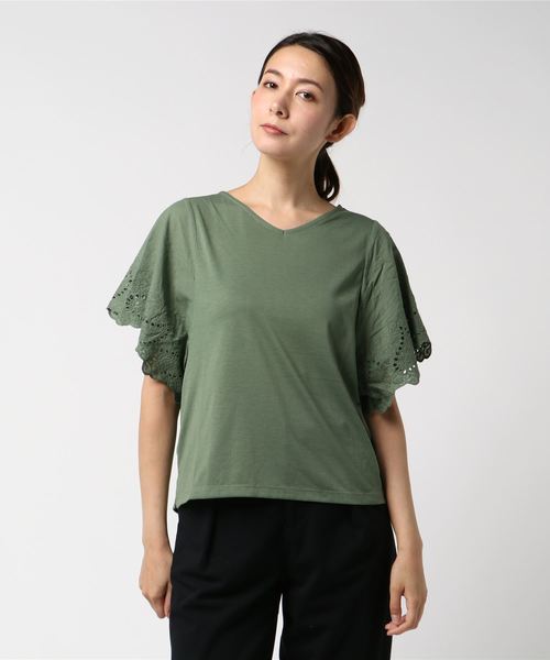 AMERICAN HOLIC(アメリカンホリック)の「・半袖レースプルオーバー(Tシャツ/カットソー・レディース・ライトカーキ/ベージュ/オフホワイト/ブラック・FREE)」の4枚目の写真