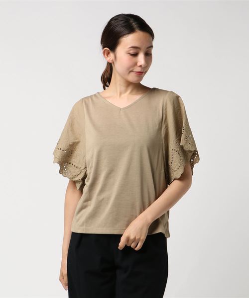 AMERICAN HOLIC(アメリカンホリック)の「・半袖レースプルオーバー(Tシャツ/カットソー・レディース・ライトカーキ/ベージュ/オフホワイト/ブラック・FREE)」の3枚目の写真