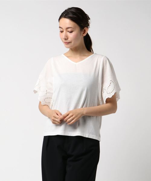 AMERICAN HOLIC(アメリカンホリック)の「・半袖レースプルオーバー(Tシャツ/カットソー・レディース・ライトカーキ/ベージュ/オフホワイト/ブラック・FREE)」の1枚目の写真