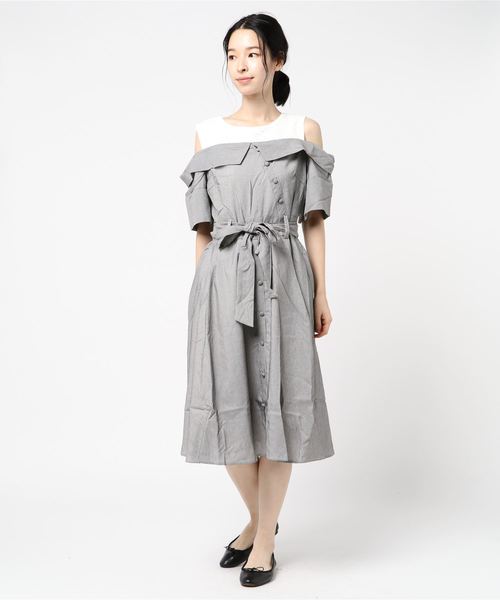 axes femme - axes femme レースアップストライプワンピース 黒