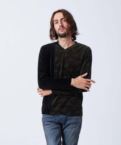 5351 POUR LES HOMMES(ゴーサンゴーイチプールオム)の「パッチワークベロアVネックカットソー(Tシャツ/カットソー・メンズ・ネイビー/ブラック/カーキ・50/44/46/48)」の2枚目の写真
