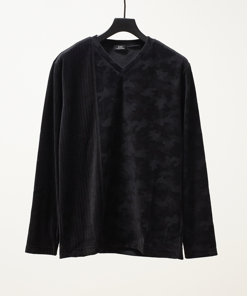 5351 POUR LES HOMMES(ゴーサンゴーイチプールオム)の「パッチワークベロアVネックカットソー(Tシャツ/カットソー・メンズ・ネイビー/ブラック/カーキ・50/44/46/48)」の1枚目の写真
