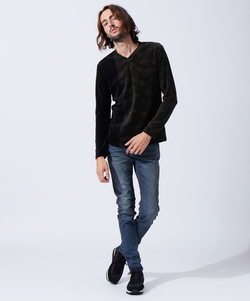 5351 POUR LES HOMMES(ゴーサンゴーイチプールオム)の「パッチワークベロアVネックカットソー(Tシャツ/カットソー・メンズ・ネイビー/ブラック/カーキ・50/44/46/48)」の18枚目の写真