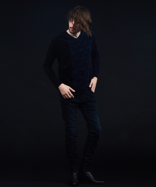 5351 POUR LES HOMMES(ゴーサンゴーイチプールオム)の「パッチワークベロアVネックカットソー(Tシャツ/カットソー・メンズ・ネイビー/ブラック/カーキ・50/44/46/48)」の19枚目の写真