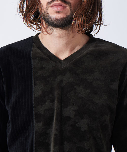 5351 POUR LES HOMMES(ゴーサンゴーイチプールオム)の「パッチワークベロアVネックカットソー(Tシャツ/カットソー・メンズ・ネイビー/ブラック/カーキ・50/44/46/48)」の15枚目の写真