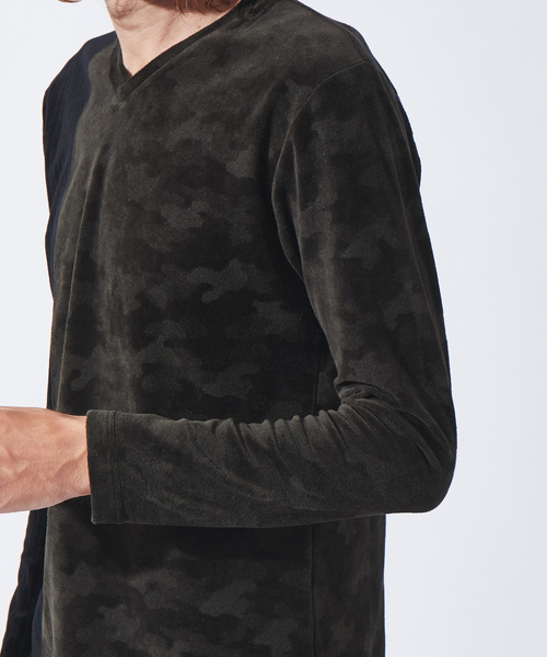 5351 POUR LES HOMMES(ゴーサンゴーイチプールオム)の「パッチワークベロアVネックカットソー(Tシャツ/カットソー・メンズ・ネイビー/ブラック/カーキ・50/44/46/48)」の16枚目の写真