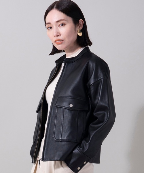 【美品】レザースタンドカラージャケット 2WAY 】スタンドカラーベルテッドフェイクレザーショート
