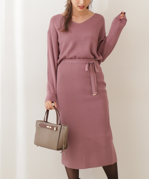 Body ワンピース Dressing プロポーションボディドレッシング のファッション Body パープル Web限定カラー Vネックニット タイトスカートセットアップ ワンピース Proportion