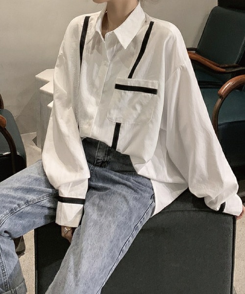 meJane（ミージェーン）の「配色ライン入りボリュームスリーブシャツブラウス【ZOZOTOWN限定】（シャツ/ブラウス・レディース・ホワイト/ブラック・FREE）」の3枚目の写真