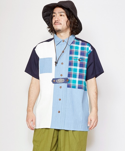 チャイハネ（チャイハネ）の「【チャイハネ】チェックパッチワークMEN'Sシャツ（シャツ/ブラウス・メンズ・ベージュ/ネイビー/カーキ・FREE）」の3枚目の写真