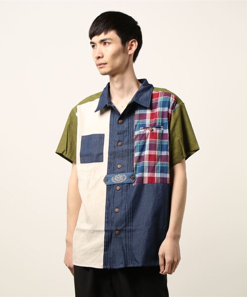 チャイハネ（チャイハネ）の「【チャイハネ】チェックパッチワークMEN'Sシャツ（シャツ/ブラウス・メンズ・ベージュ/ネイビー/カーキ・FREE）」の7枚目の写真