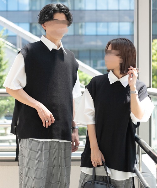 PairPair（ペアペア）の「サイドリボンニットベスト(ユニセックス）（ベスト・メンズ・グレイッシュブルー/モカ/ブラック・LARGE/MEDIUM）」の2枚目の写真