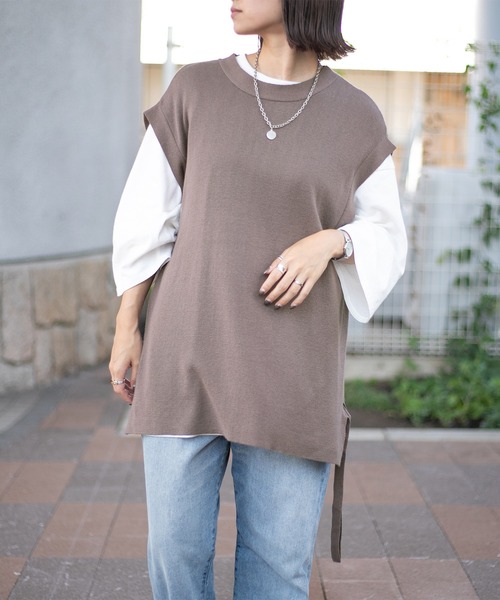 PairPair（ペアペア）の「サイドリボンニットベスト(ユニセックス）（ベスト・メンズ・グレイッシュブルー/モカ/ブラック・LARGE/MEDIUM）」の4枚目の写真