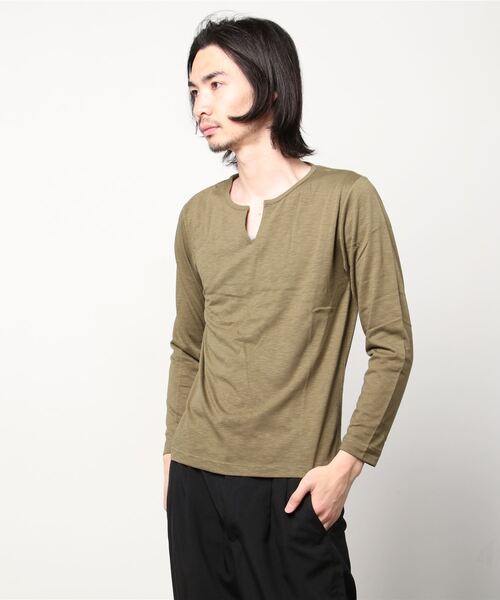 Bling Leads(ブリングリーズ)の「20/- スラブ 天竺 ブ キーネック ロング Tシャツ(Tシャツ/カットソー・メンズ・ブラック/ホワイト/カーキ/ライトピンク/ネイビー/グレー・M/L)」の5枚目の写真
