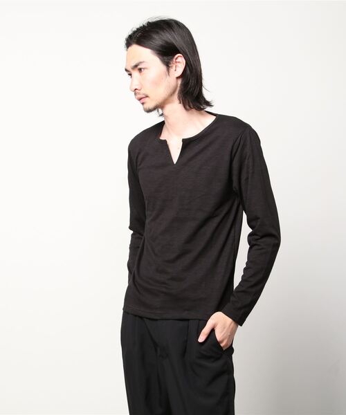 Bling Leads(ブリングリーズ)の「20/- スラブ 天竺 ブ キーネック ロング Tシャツ(Tシャツ/カットソー・メンズ・ブラック/ホワイト/カーキ/ライトピンク/ネイビー/グレー・M/L)」の3枚目の写真