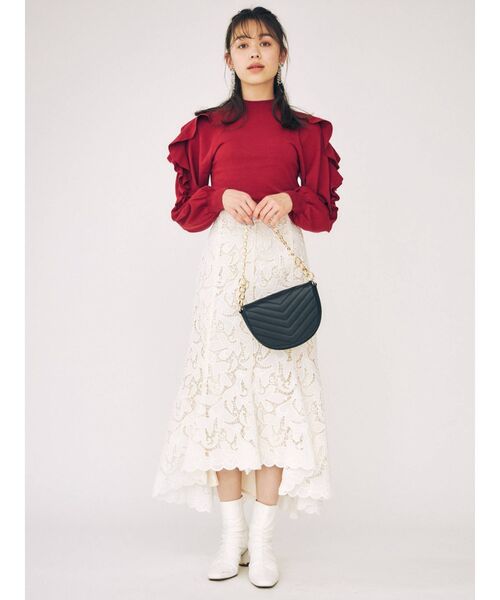 MERCURYDUO(マーキュリーデュオ)の「2WAYオープンショルダーラッフルニット(ニット/セーター・レディース・ブラック/パープル/レッド/オフホワイト・FREE)」の6枚目の写真