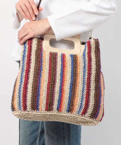 Via Demizon（ビアデミゾン）の「カラーコンビ編み上げカゴバッグ（かごバッグ・レディース・ブラウン/イエロー/ブルー・フリー）」の2枚目の写真